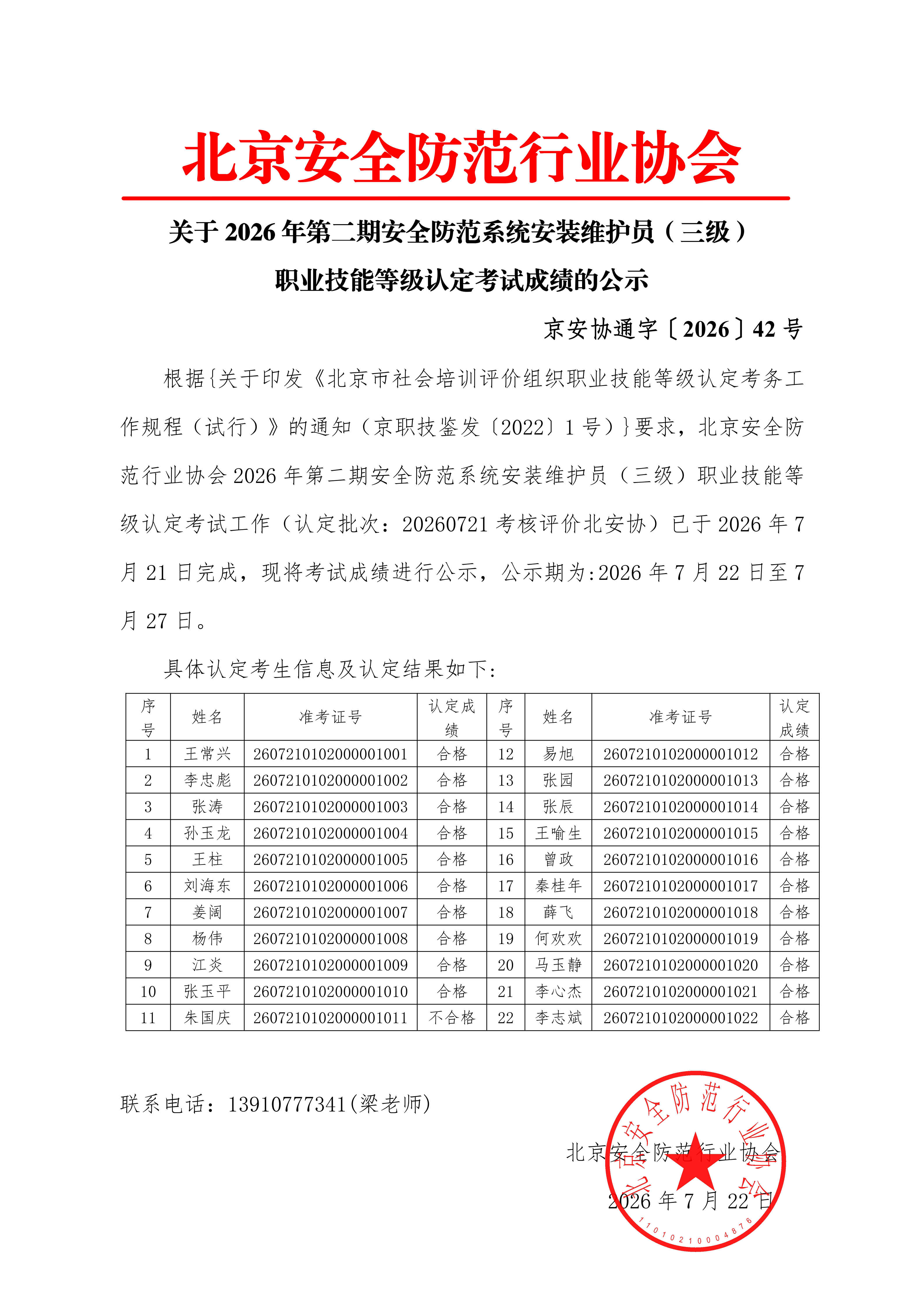 关于2026年第二期安全防范系统安装维护员（三级）职业技能等级认定考试成绩的公示(1)(1)_01.png